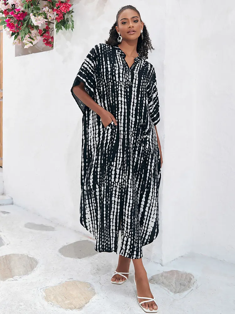 

2023 Womens Button Down Long Kimono Cardigans Casual Kaftan Dresses Side Split Swimsuit Cover Ups Short Sleeve Tops Q1553