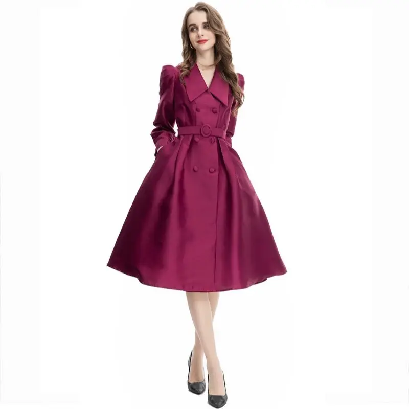 Female Dress 2022 Fall Winter Woman Clothes Turn Down Collar Long Sleeved Double Breasted Slimming A-Line Belted Dress Midi XXL