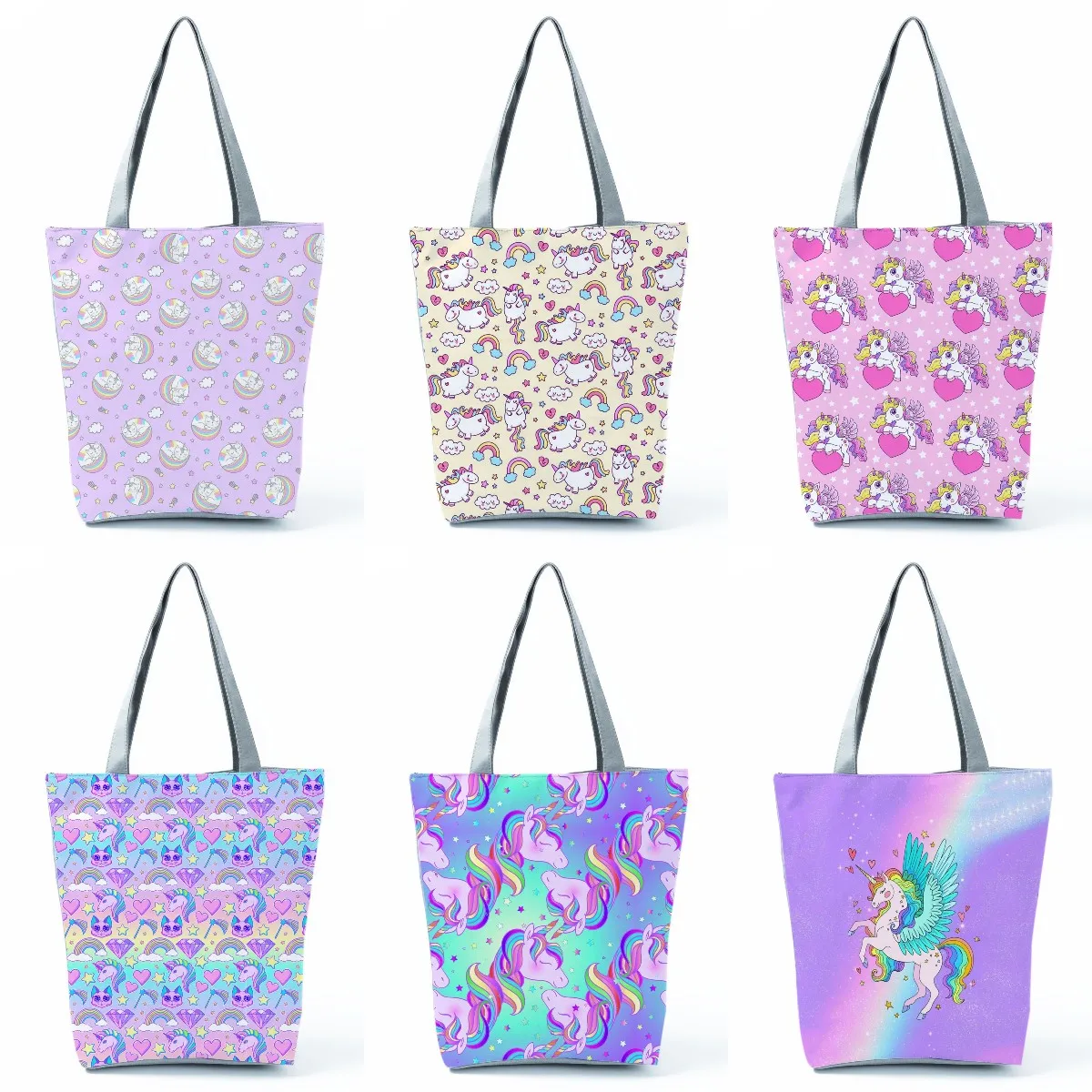 

Bright Colorful Unicorn Printed Handbags Cartoon Animal Totes Reusable Shopping Bag Large Capacity Women Shoulder Bags Foldable