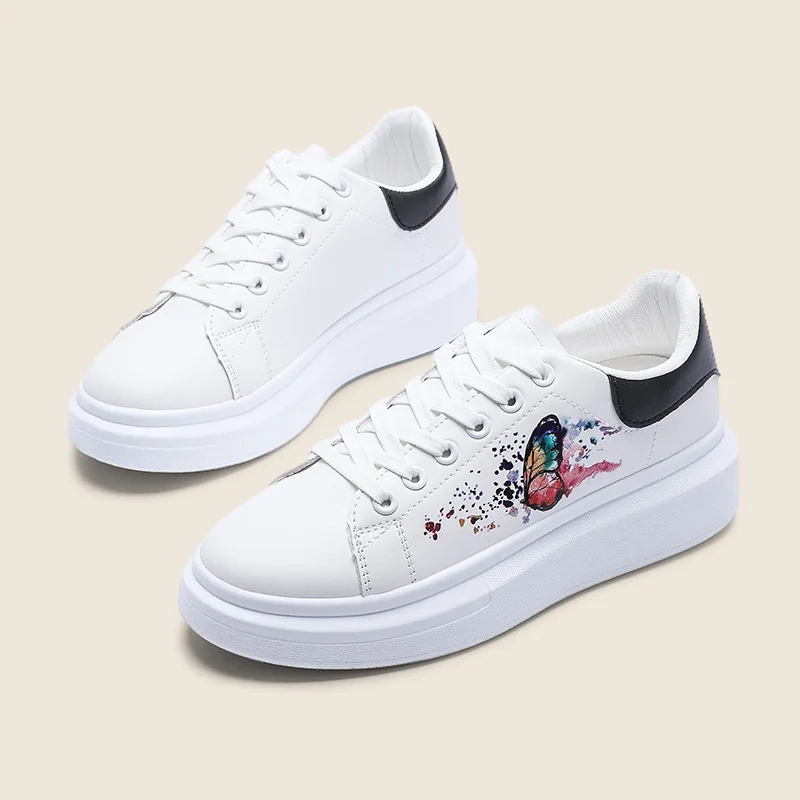 New Women Shoes Colorful Butterfly Pattern Decoration Casual Sneakers Thick-soled Height-enhancing White Shoes Lace-up Non-slip