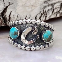 bohemian retro style embedded two turquoise womens rings plated with antique silver metal c letter temperament ring jewelry