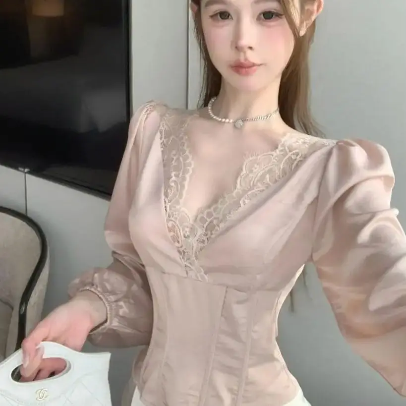 Женские рубашки элегантные кружевные края сексуальные облегающие шикарные