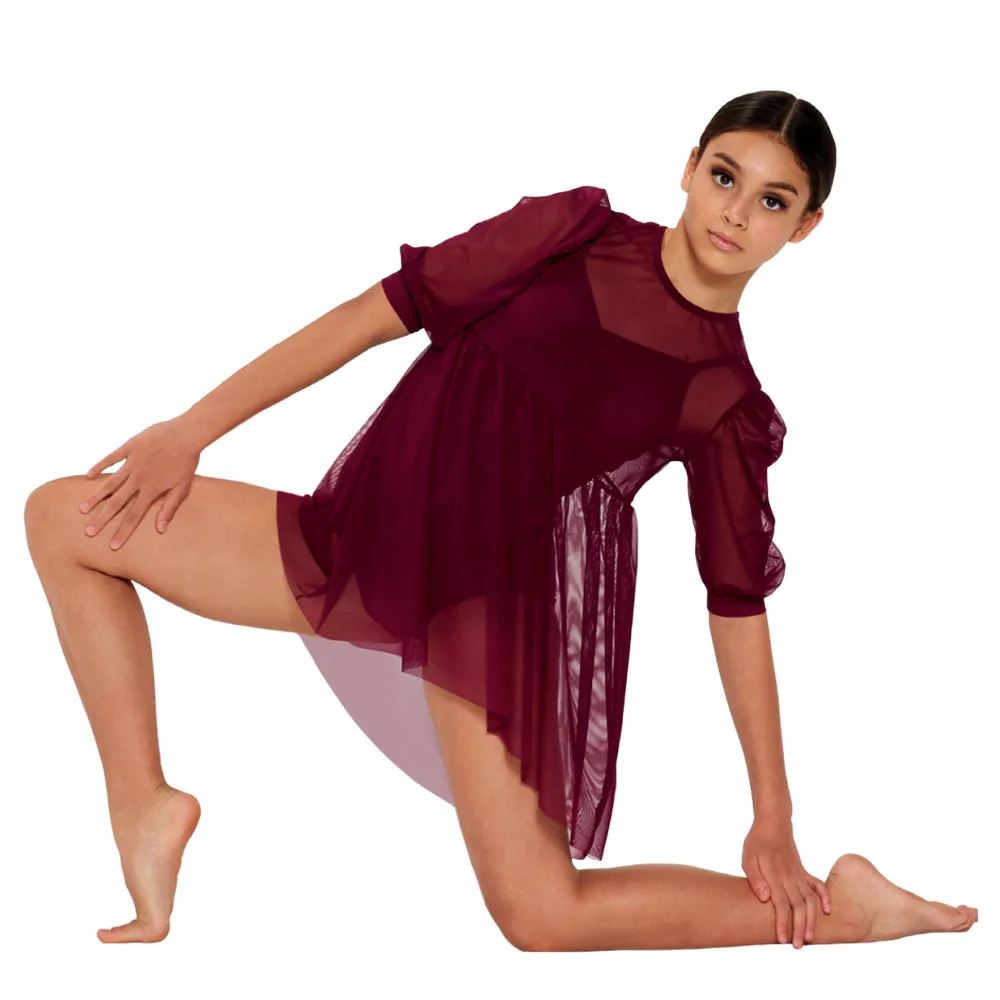 

2 Pieces Babydoll Mesh Dress with Leotard Pullover Short Mini Skirt Puff Lantern Sleeves Girls Modern Lyrical Ballet Dance Wear