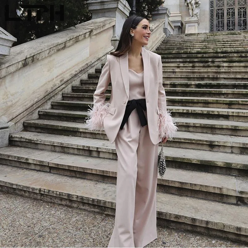 LTPH blazer set women three-piece suit vintage casual loose feathers sleeve blazers camisole wide-leg pant suits 2023 autumn new