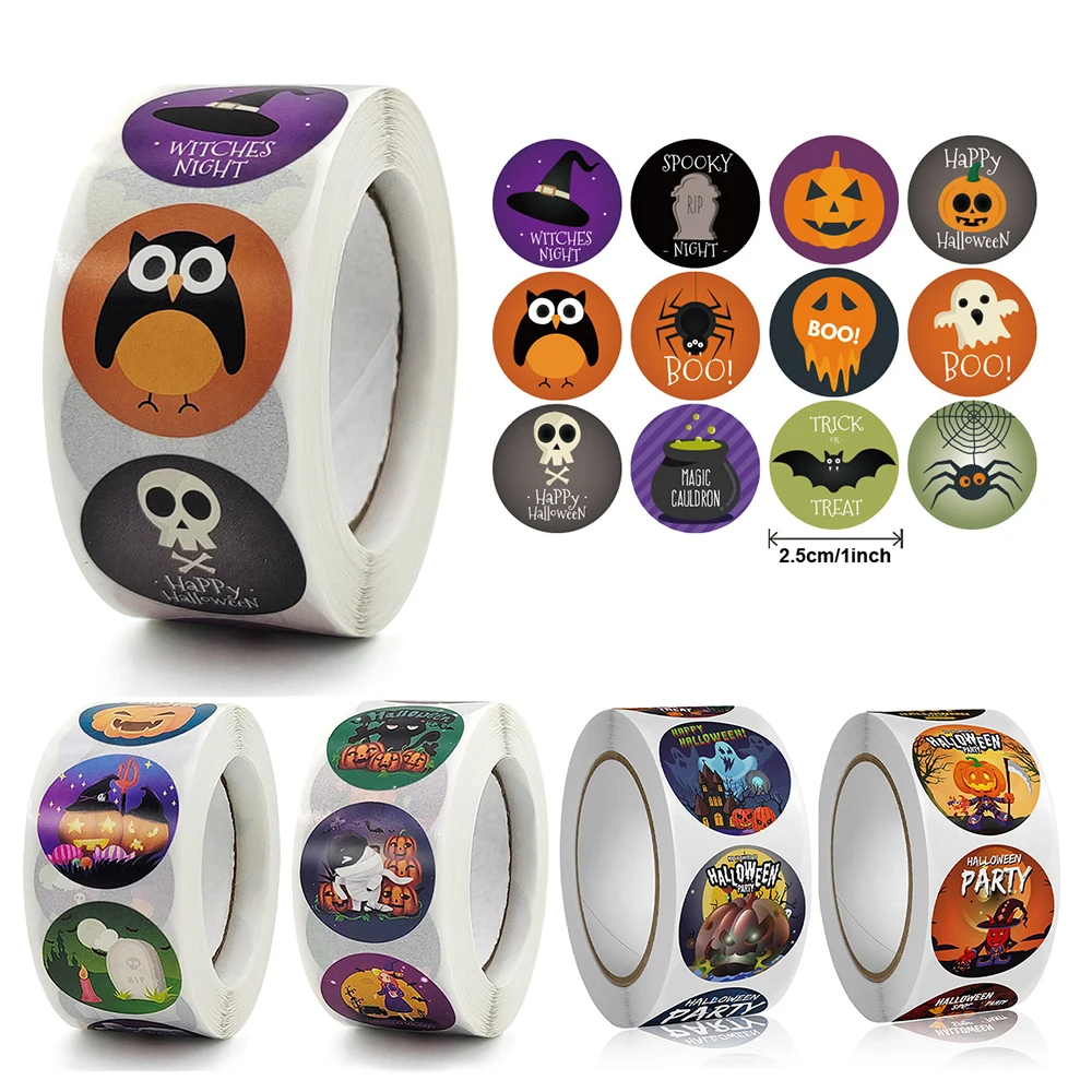 

500pcs Pumpkin Witch Halloween Stickers 1inch Round Gift Packaging Seal Label Candy Bag Box Sticker For Halloween Party Decor