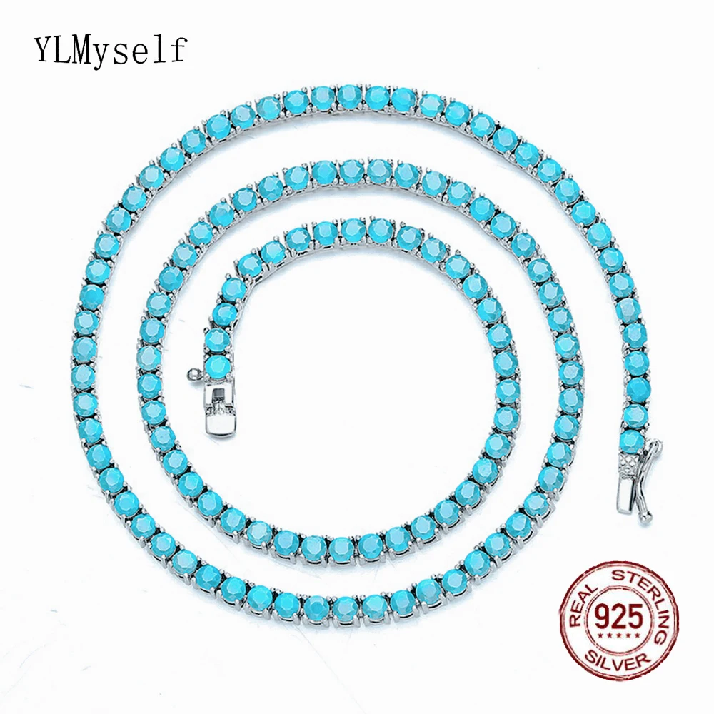16-24 Inch (41-60cm) 100% Guarantee Real 925 Sterling Silver Tennis Chain Necklace 3mm Turquoise Blue Stone Fine Jewelry Choker