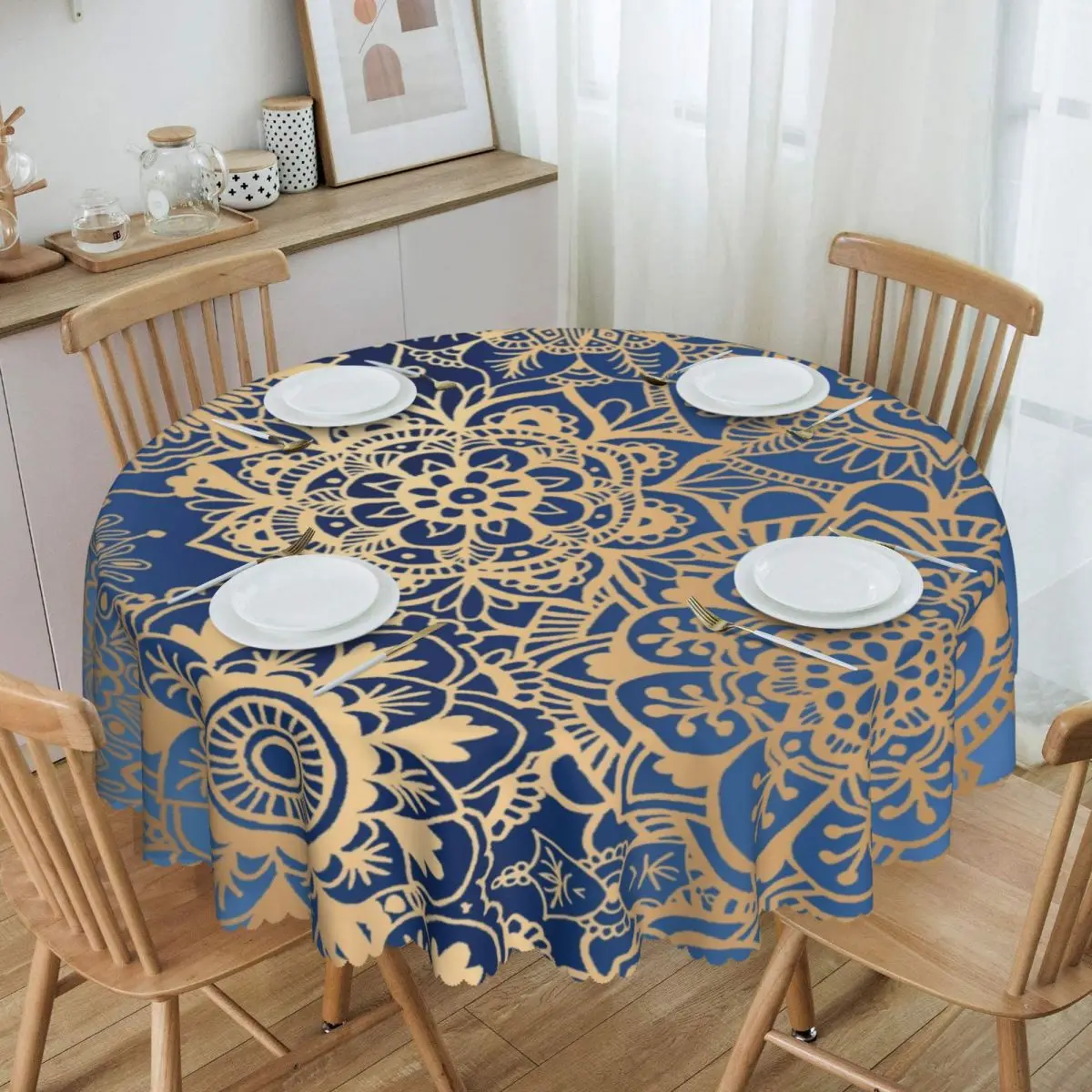 

Round Fitted Blue And Gold Mandala Pattern Table Cloth Oilproof Tablecloth 60 inches Table Cover for Kitchen Dinning