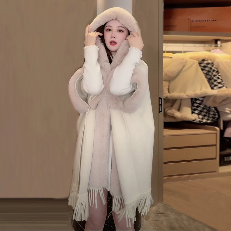 Женская винтажная шаль с рукавами летучая мышь и капюшоном меховым воротником