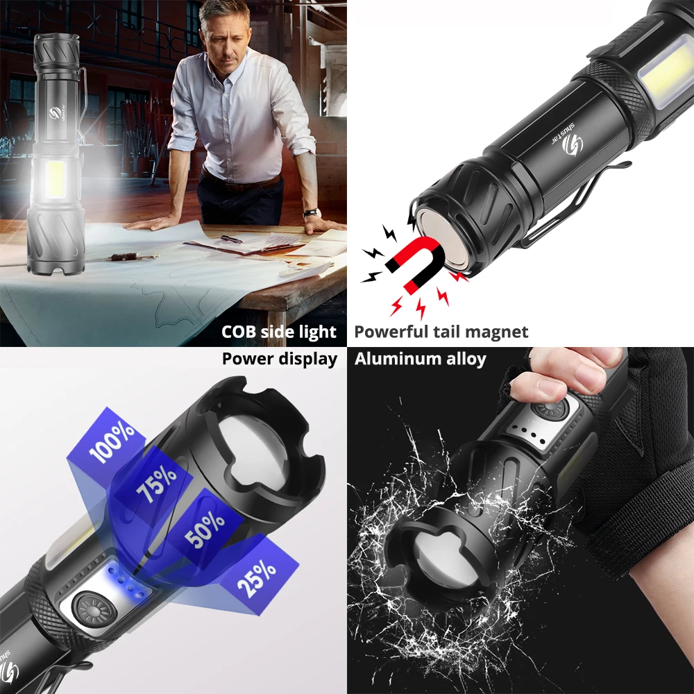 Powerful XHP160 LED Flashlight with Side COB Light Super Bright Torch Support Zoom Waterproof Adventure Camping | Освещение
