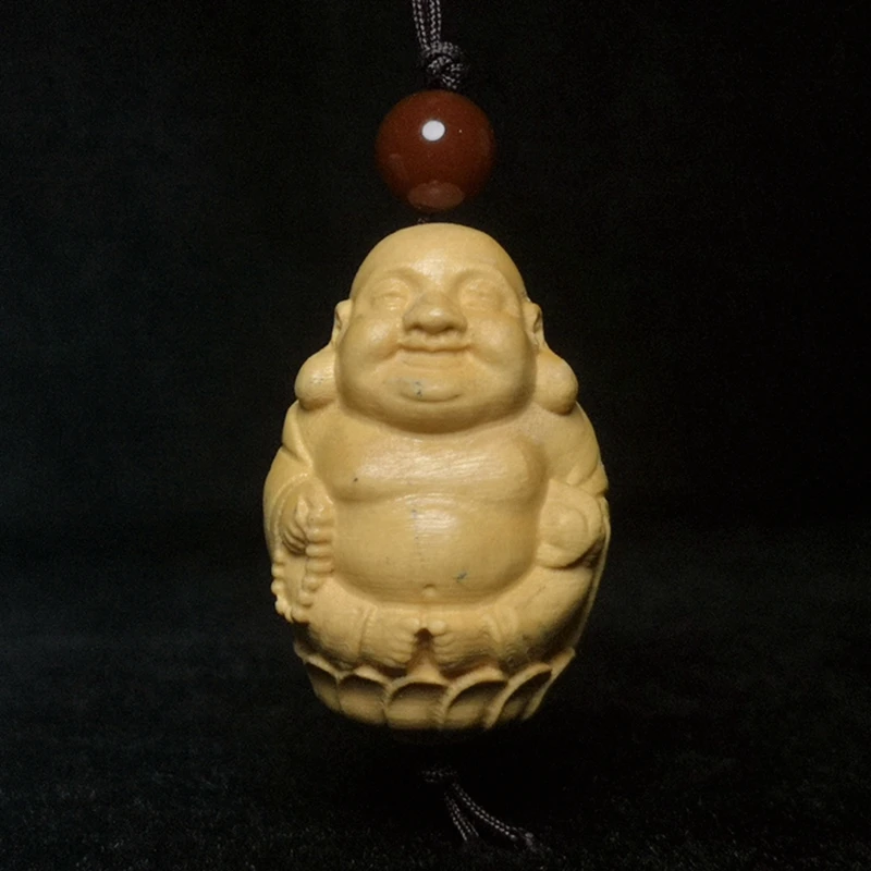 

Chinese boxwood hand carved Lotus flower Maitreya Buddha Figure statue knapsack netsuke pendant Gift collectable