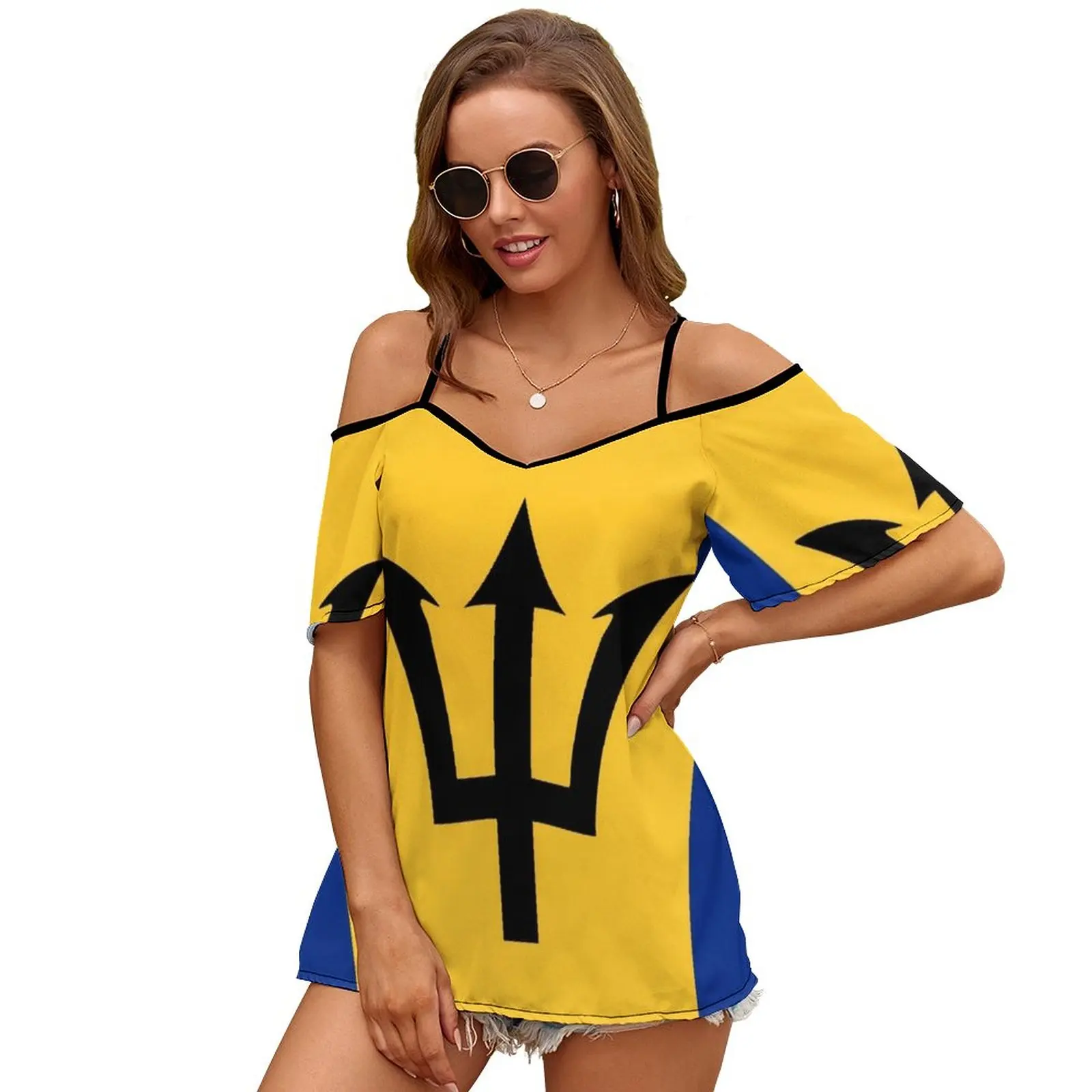 

Barbados Women Short Sleeve Tops O-Neck Hollow Out Shoulder Strap Tees Streetwear Barbados Barbados Flag Flag Vacation Travel