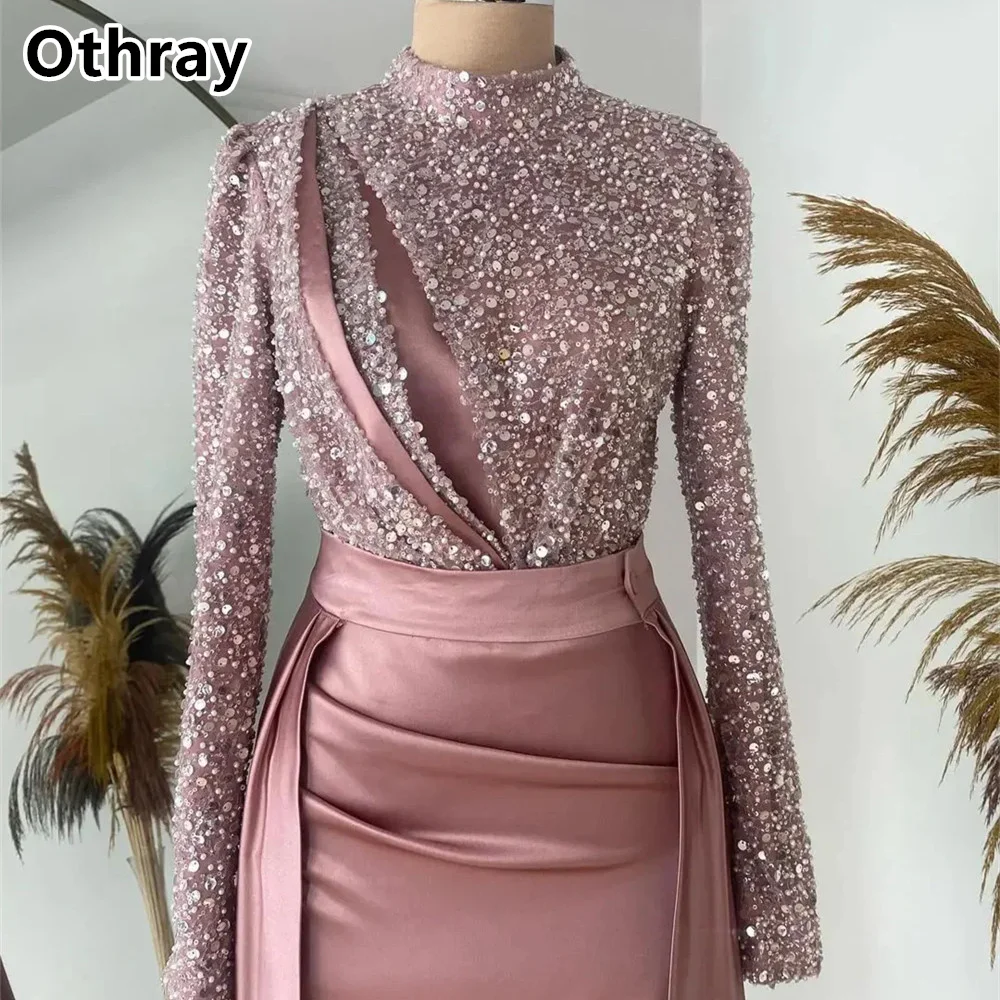 Othray мусульманское розовое блестящее вечернее платье с вырезом горловины длинным