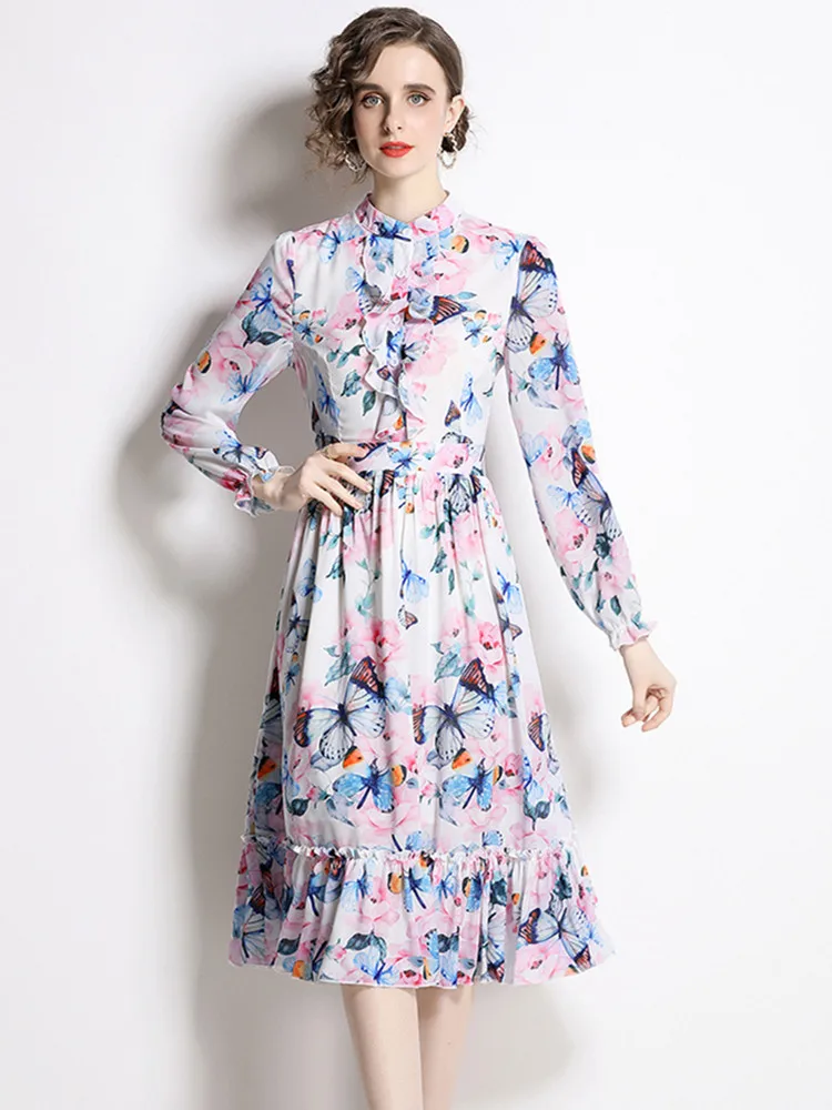 

Шифоновое пляжное платье миди с принтом бабочек, воротником-стойкой и оборками