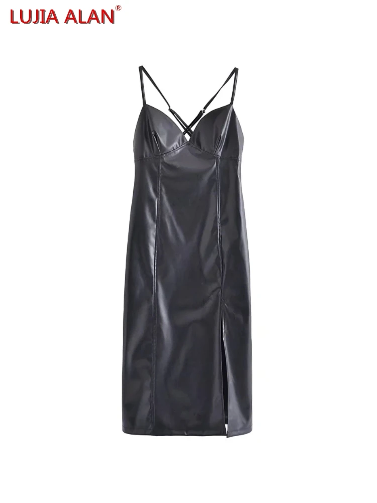 

Black PU Leather Side Slit Women Slim Sling Dress Female Midi Vestidos Elegant Streetwear LUJIA ALAN WD305