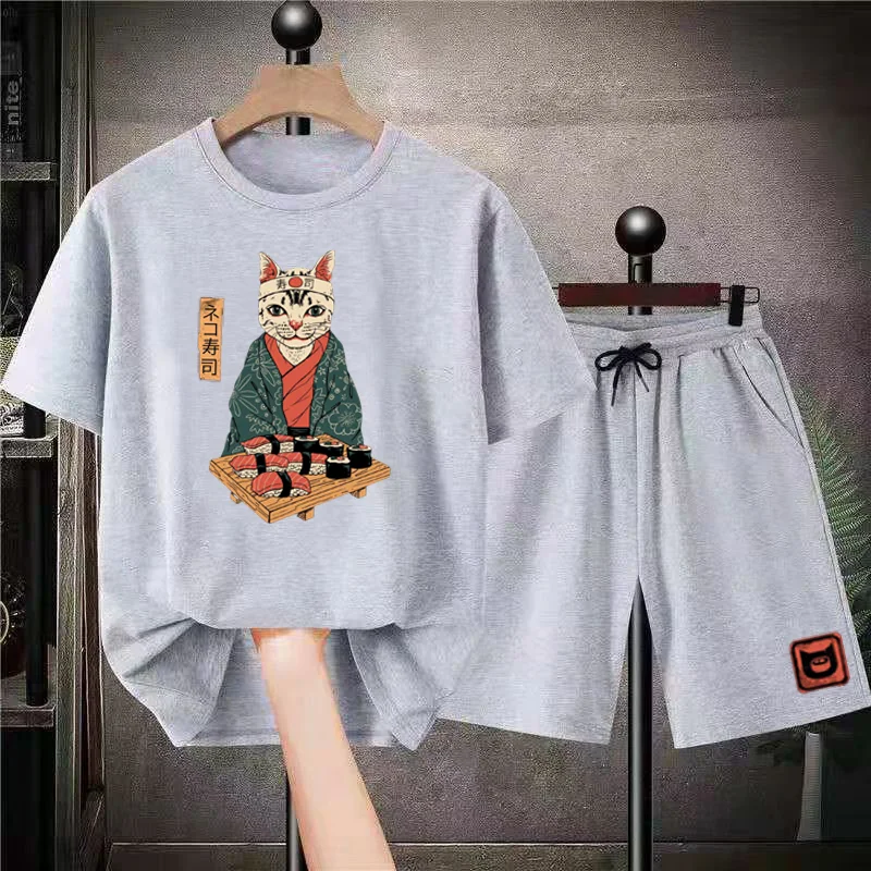 

Japanese Cat Print Funny Mens Womens Harajuku Tracksuit Animal Y2K Fashion Cartoon Sportwear Suit Vintage Summer Cotton Clothing