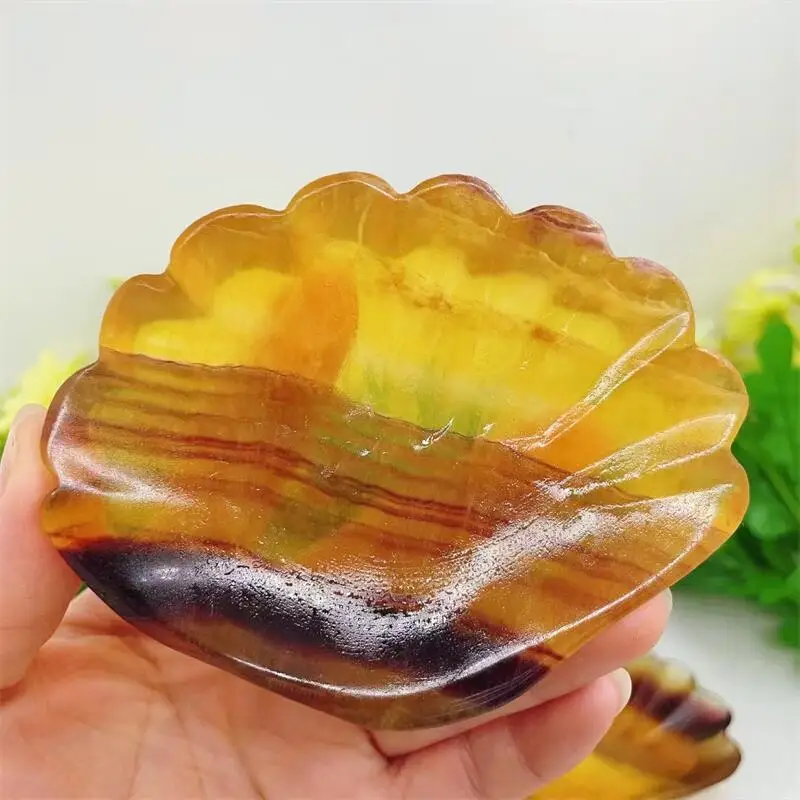 

10CM Natural Yellow Fluorite Shell Bowl Crystal Carving Reiki Engraving Healing Gemstone Crafts Birthday Present Home Decor 1PCS