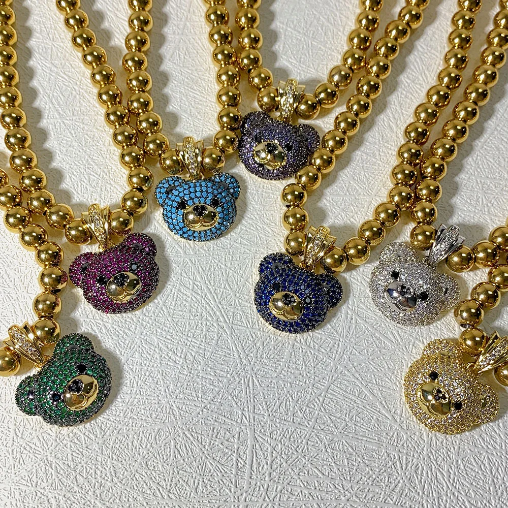 

New ins Stainless Steel Beads Cute Bear Necklace Vintage Colorful Bear Zircon Pendant Necklaces For Women Girls Fashion Jewelry