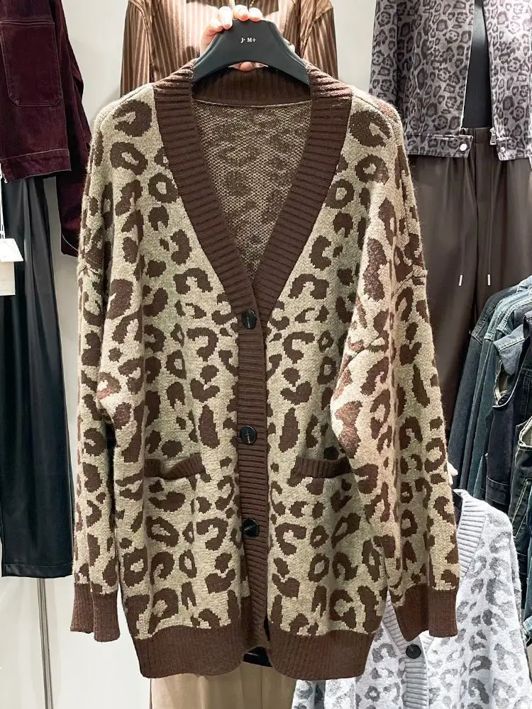 Осень 202 новый женский ленивый стиль свободный ретро леопардовый узор вязаный