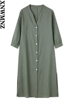 xnwmnz 2022 womens fashion linen tunic dresses woman vintage slit collar front button hem slit female chic robe