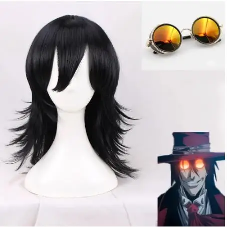 Хеллсинг Алукард черный парик для косплея волос с очками солнцезащитные очки