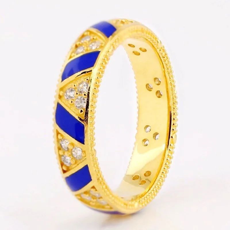 

Authentic 925 Sterling Silver Golden Stones And Stripes Blue Enamel Ring For Women Wedding Party Europe Fashion Jewelry