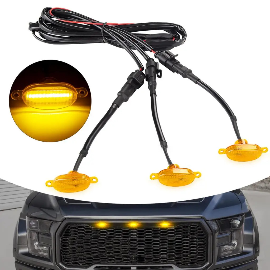 

For Ford 2004-2019 F150 F250 F350 Raptor Lens 3 Pack12V ABS External LED Decoration Amber Auto Front Grille Lights Replacement