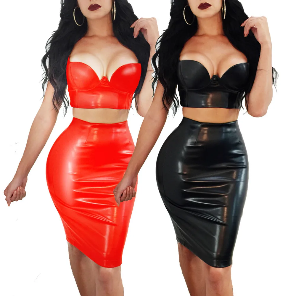 

V-Neck Wetlook PVC PU Leather Two Piece Set for Women Faux Leather Crop Top & Bodycon Skirt 2 Piece Outfit Viquinis 2020 Ddlg