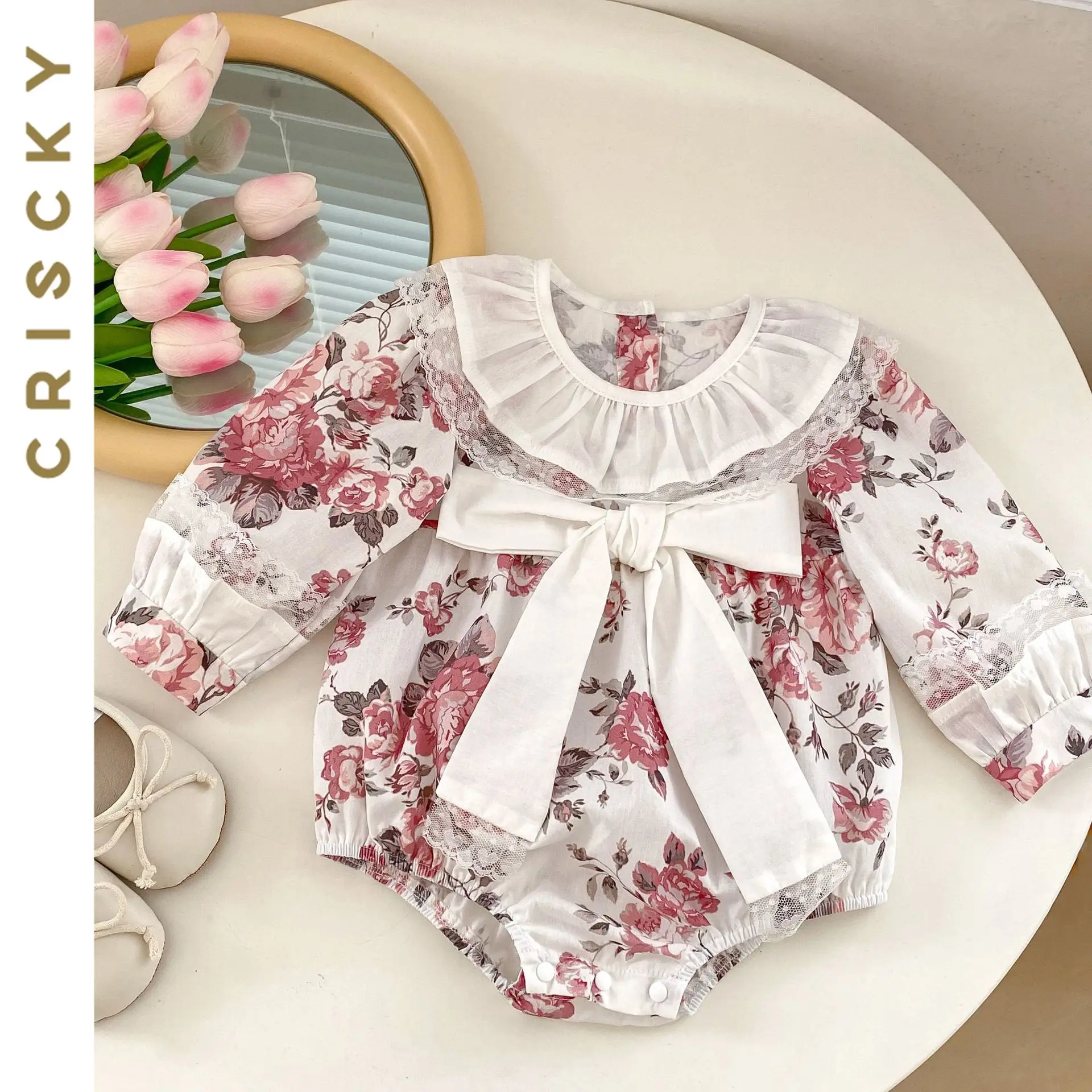 

2023 Baby Autumn Clothing Newborn Kids Lace Romper Dress Floral Jumpsuit Big Bowknot Baby Sweet Girl Clothes