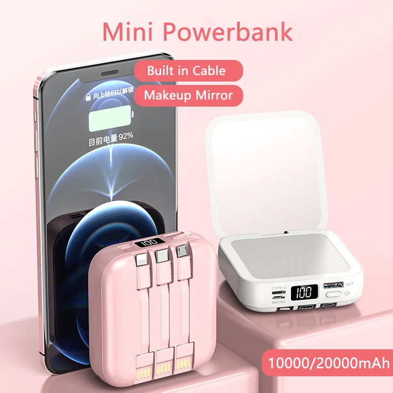 

20000mAh Mini Power Bank External Battery Pack with Mirror Powerbank Fast Charging Mobile Phone Charger Poverbank Built in Cable