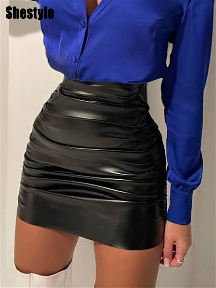 

Shestyle Ruched Pencil Black Skirts Women High Waist Back Zip Slim Sexy Clubwear Elegant Folds PU Leather Push Up 2021 Party