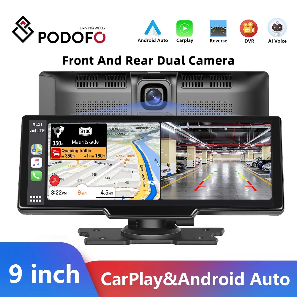 

Podofo 9" Car Mirror Monitor Video HD Recording Carplay Android Auto Wireless Connection DVR Dashboard For Nissan Toyota