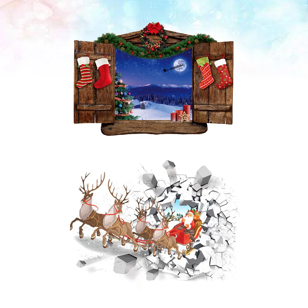 

Christmas Wall 3D Stickers Sticker Window Decals Decal Santa Cracked Broken Elk Windows Faux Removable Holiday Clings Cling