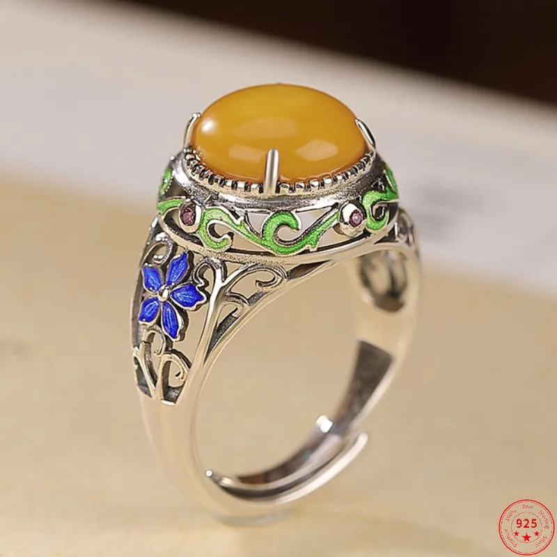 

Genuine S925 Sterling Silver Rings for Women New Fashion Round Beeswax Amber Enamel Flower Hollowed out Rings Adjustable Size