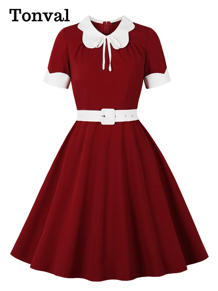 

Tonval Burgundy Contrast Collar and Cuff Elegant 50s Vintage Dresses for Women Short Sleeve Belted A-Line Summer Dress