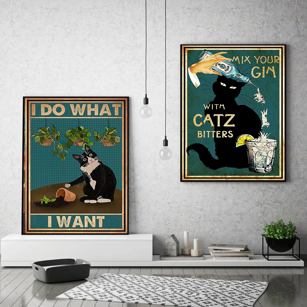 

Mental Black Cat Canvas Painting I Do What I Want Quote Art Posters and Prrints Vintage Mix Your Gin Funny Bathroom Home Decor
