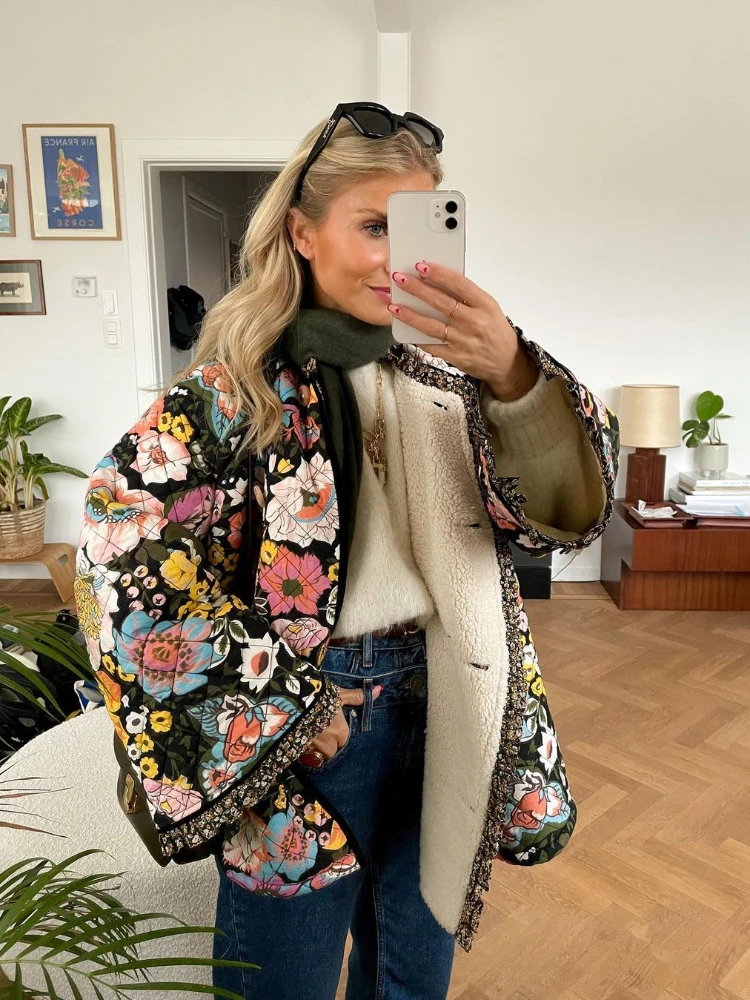 

Женская хлопковая куртка с длинным рукавом, элегантная свободная теплая куртка с винтажным цветочным принтом, осень 2023