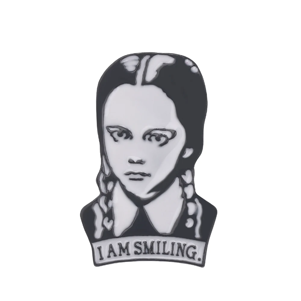 

I AM SMILING Girl Brooch Wednesday Addams Movie Pins Metal For Backpack Hat CR Figure Badge Clothes Accessories