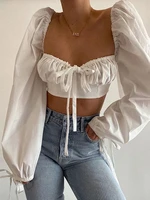 lilian fashion autumn white crop tops women sexy lace up long sleeve v neck tee ladies street casual solid clothing 2022 new