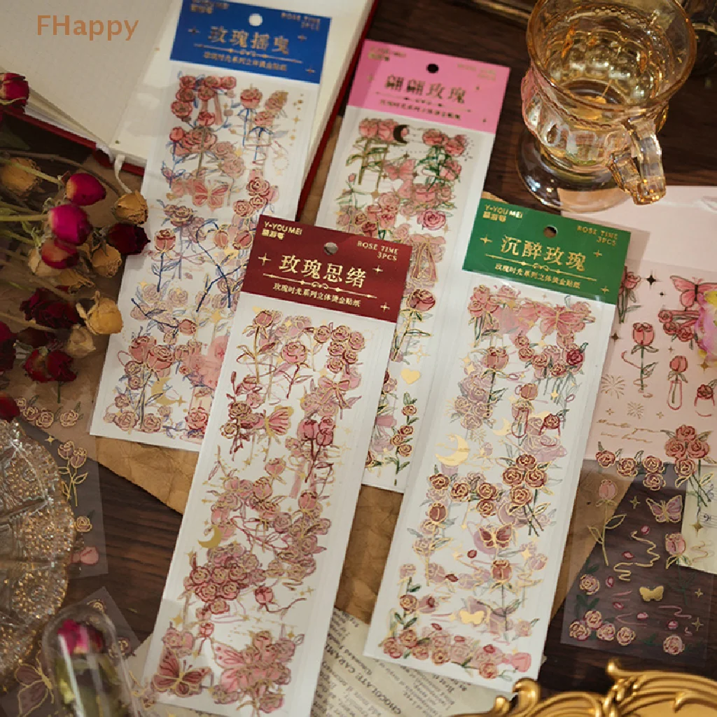 

3pcs/pack Gliding Waterproof PVC Stickers Shining Classic Flowers Rose Journal Scrapbooking Dairy Album Decor Stationery