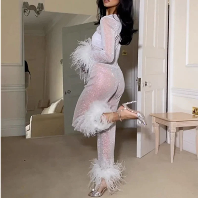 

Модная женская сексуальная блузка с перьями и прямые брюки с высокой талией, комплект из двух предметов, женский спортивный костюм, наряды, уличная одежда