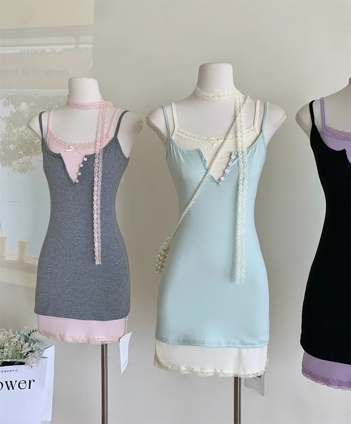 Женский серый комплект из двух предметов Y2k кружевное платье А-силуэта