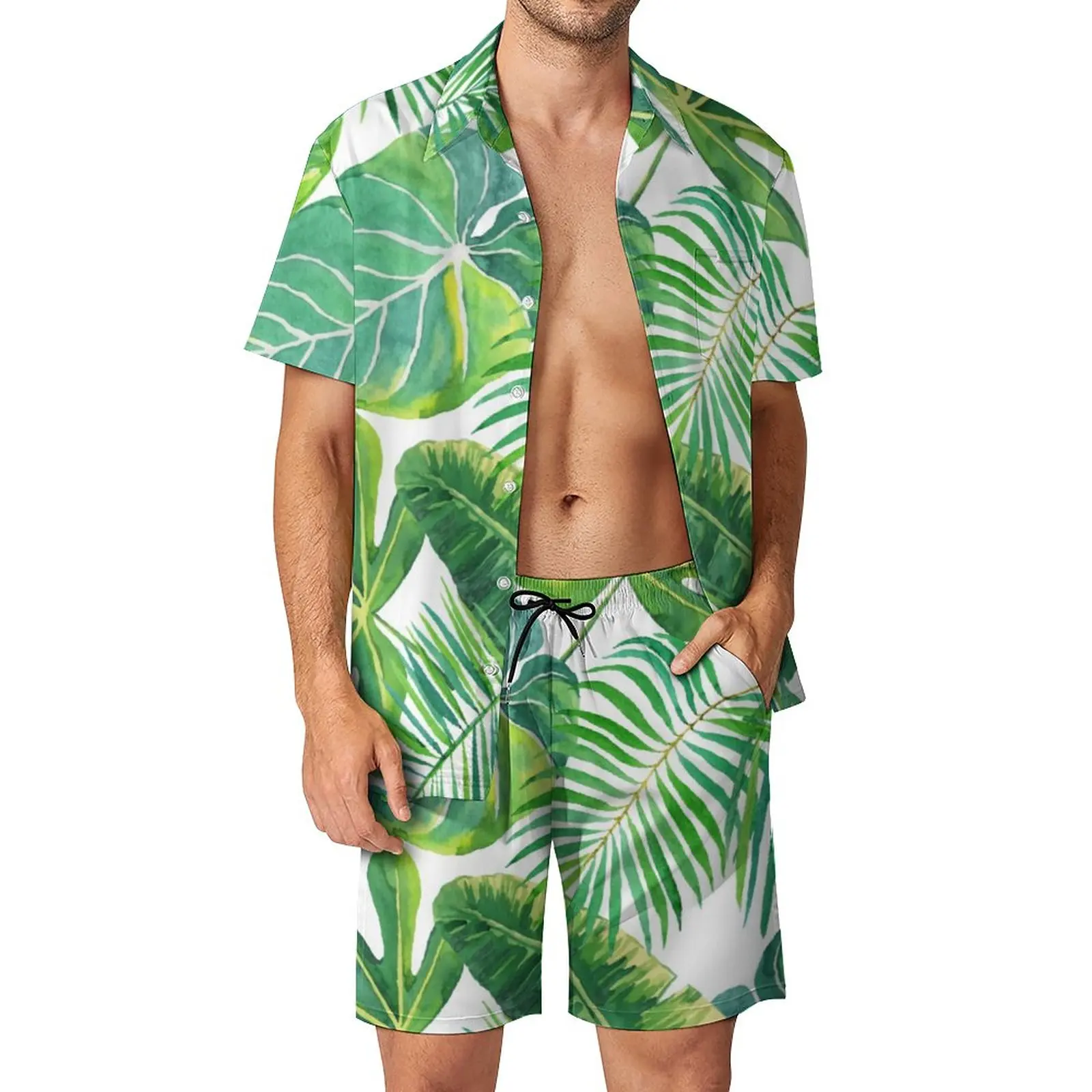 

Tropical Leaves Men Sets Hawaii Beach Modern Casual Shirt Set Trendy Beachwear Shorts Summer Suit Two-piece Plus Size