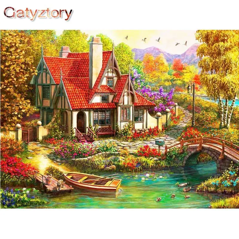 

GATYZTORY Bridge River And House Landscape Painting By Numbers Kits For Adults On Canvas Living Room Bedroom Decoration Pictures