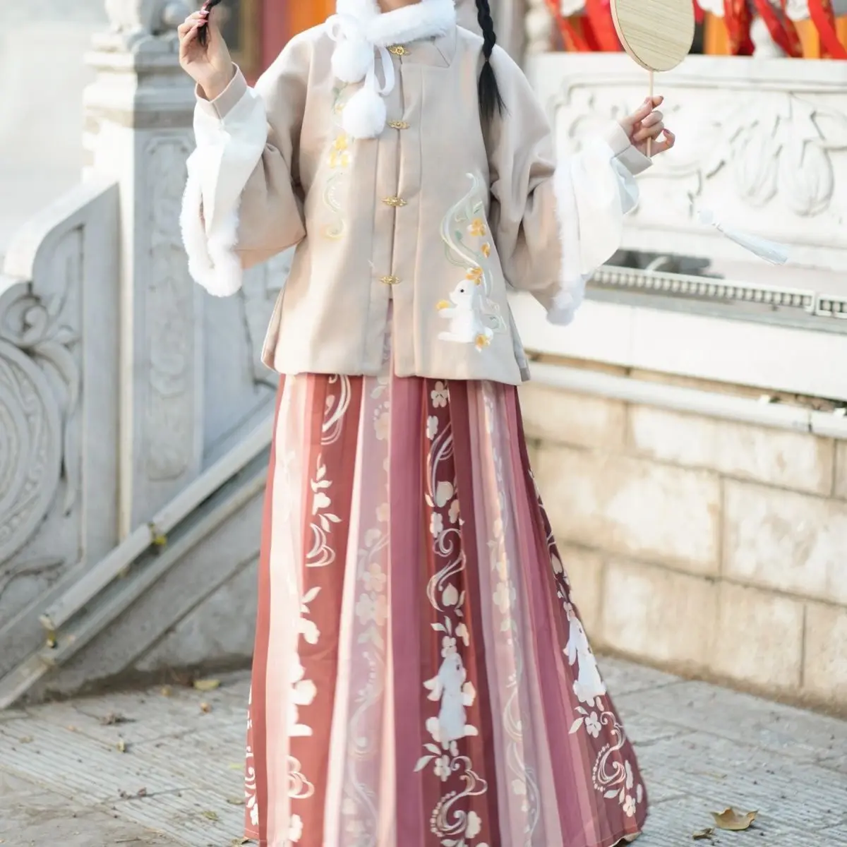 Chinese New Year Gown Tang Dynasty Hanfu for Women Square Collar Half Sleeve Thick Draped Jacket Embroidered Pleated Skirt Sets