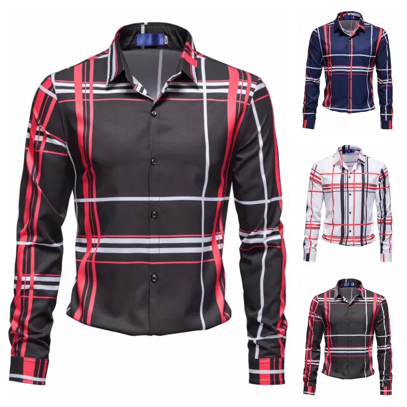 

Autumn 2021 New Business Casual Men's Fashion Lapel Vertical Color Stripe Printed Long Sleeve Shirt