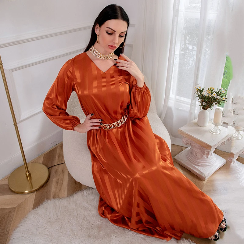 Stripe Long Dress Abaya Muslim Woman Dubai V Neck Jacquard Ramadan Kaftan Islamic Turkish Arabic Algerian Evening Dresses Turkey