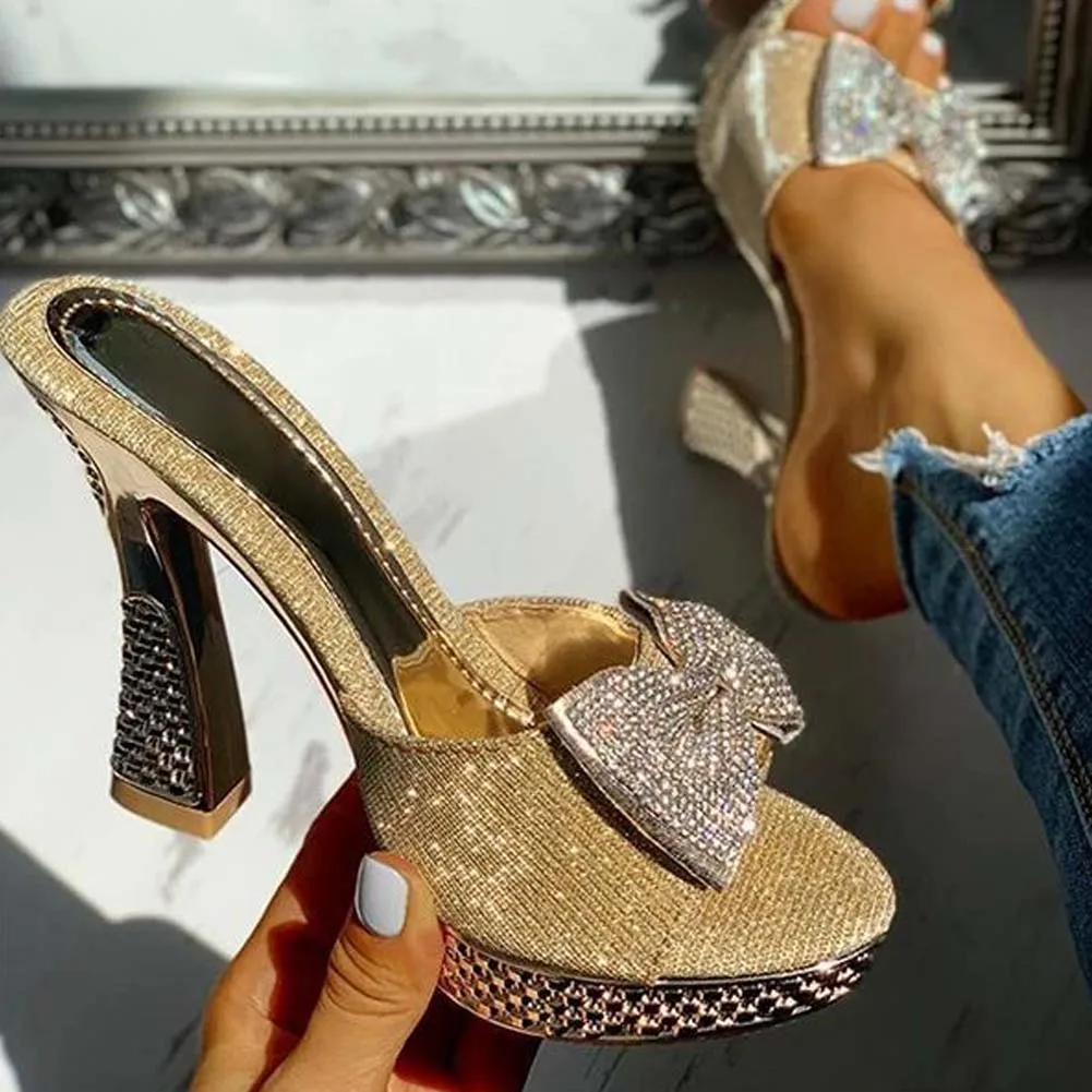 

New Trendy Fashion Female Bowknot Sexy Slippers 2022 Summer Slippers Women Platform Crystal Thick High Heels Shoes Woman