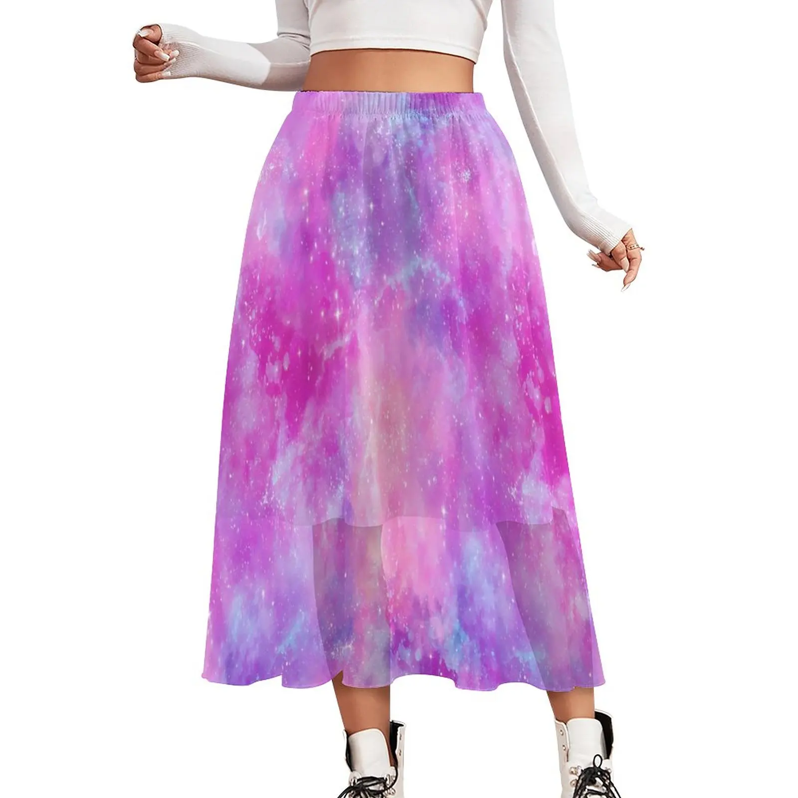 

Galaxy Design Skirt Pink And Blue Cute Long Skirts Spring Korean Fashion Elastic Waist Chiffon Design Oversized A-line Skirt