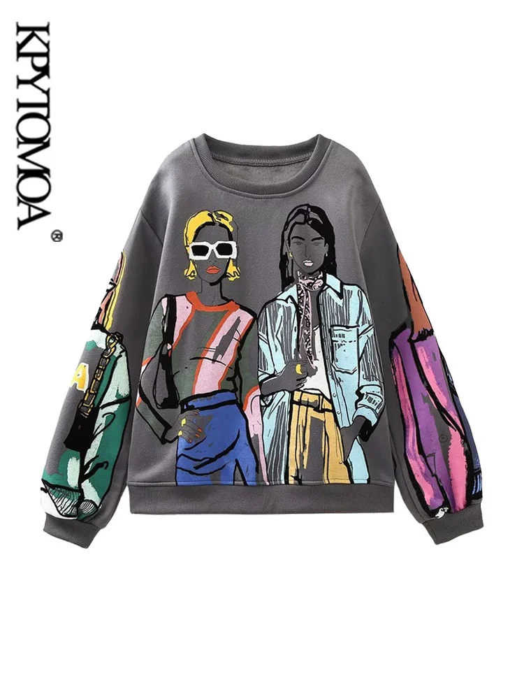 

Women Fashion Girl Printed Loose Fleece Sweatshirts Vintage O Neck Long Sleeve Female Pullovers Chic Tops