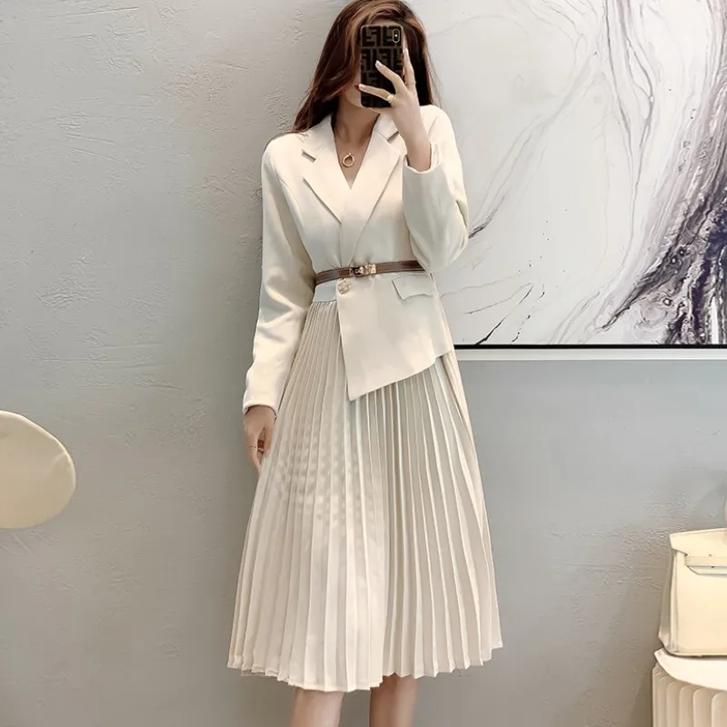 

Women's Blazer Dress 2021 Temperament Elegant Full Sleeve Notched Office Lady High Waist Pleated Long Dress Fashion Tide